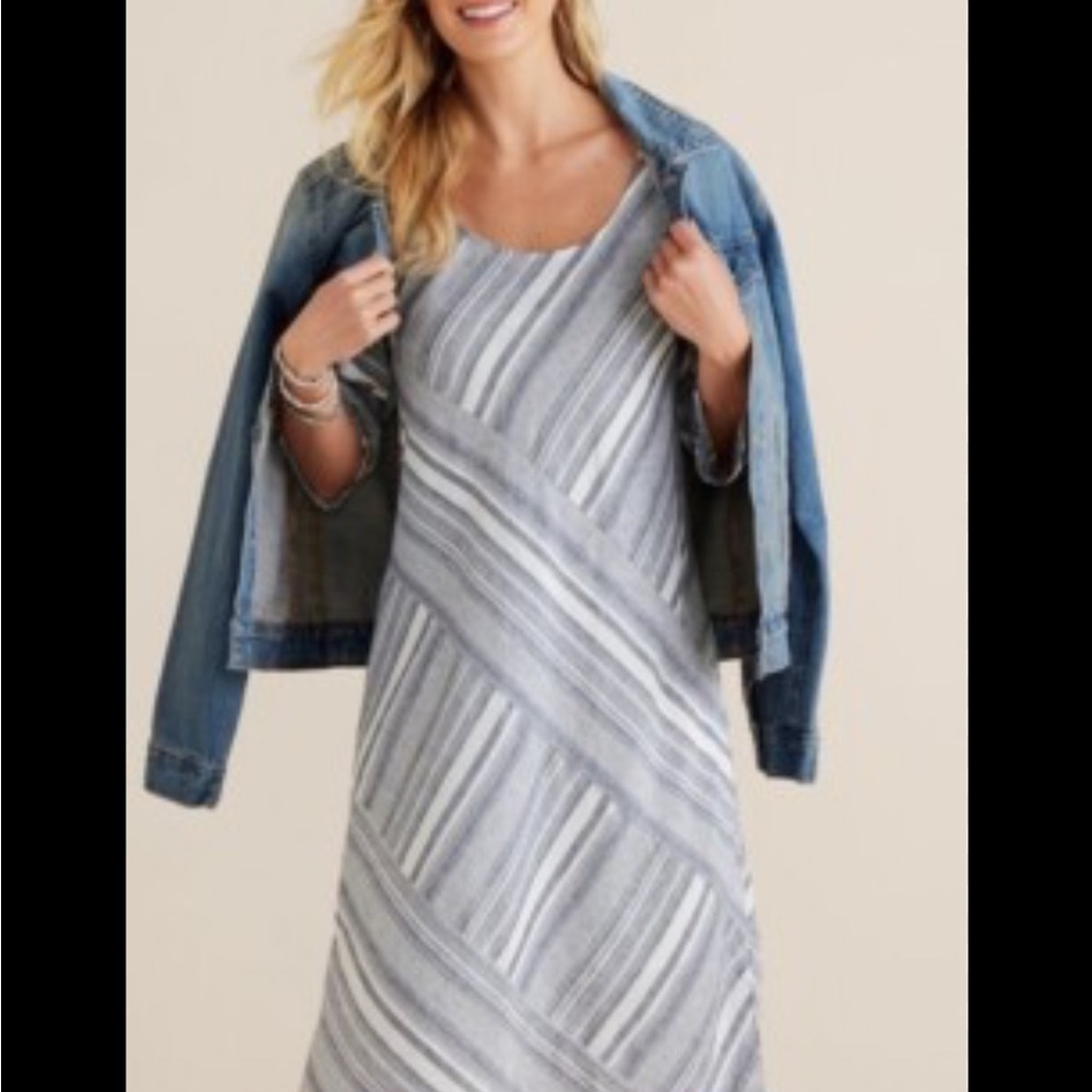 Soft Surroundings Coastal Grandma Navy &White Striped Linen Dress Blend SP